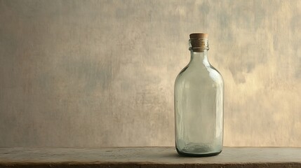 Clear glass bottle standing upright on a textured table