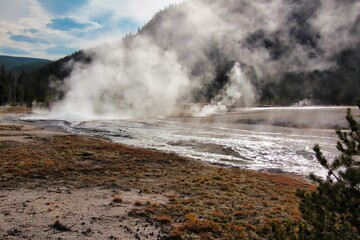 Late Afternoon at Black Sand Basin in Upper Geyser Basin in Yellowstone National Park Wyoming.