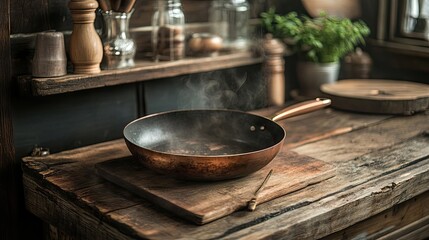 Copper Frying Pan with Steam on Wooden Kitchen Table Surface