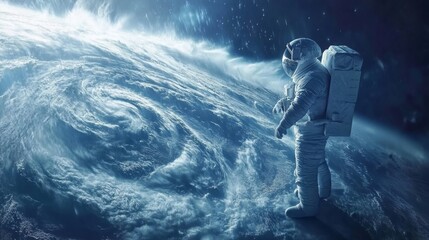 Fototapeta premium An astronaut stands on the edge of a swirling storm in space, gazing at the mesmerizing beauty of Earth's atmosphere and cosmic wonders.