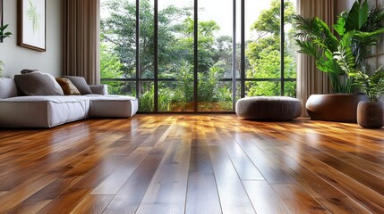 Modern living room with hardwood floor, large windows, and lush green view.