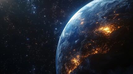 A stunning view of Earth from space, showcasing glowing city lights against a backdrop of stars and cosmic elements.