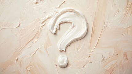 Skincare cosmetic cream lotion swatch smear on light blur background. White creamy beauty product smudge smear in question mark shape. Information about cosmetics, FAQ, communication concept