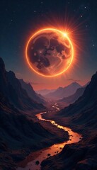 A shimmering, golden circle floating amidst a dark, desolate landscape, space, radiance