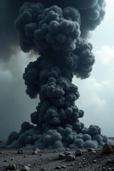 a swirling vortex of dark smoke erupts from the ground surface, dense fogburst, black smoke explosion effect