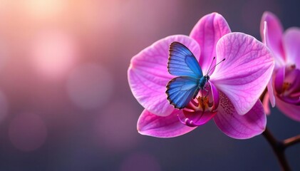 Fototapeta premium Blue butterfly resting on the edge of a pink orchid with a blurred background, flower, garden, pink orchid