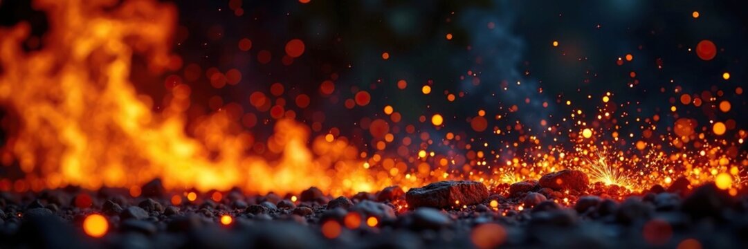 Blazing fire with sparks flying in all directions, rough, rugged