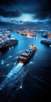 A breathtaking aerial view of a bustling port at night, showcasing smart shipping technology with illuminated container ships navigating through the water, connected by dynamic lines of data.