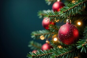Fototapeta premium Branch of a Christmas tree covered in sparkling glass balls, festive, seasonal