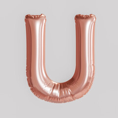 Letter U balloon on white background, rose gold foil balloon, 3d render.