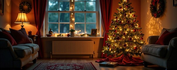 Christmas tree in a cozy room with warm lighting, soft glow, snug and comfortable, christmas tree