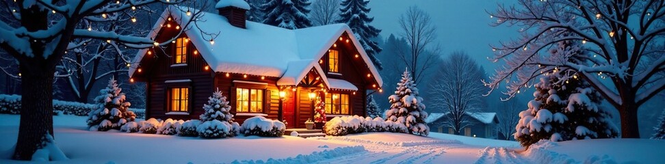 Cozy cottage with snowy roof and warm Christmas lights, christmas lights, wintry wonderland, warm ambiance
