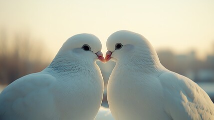 Fototapeta premium White Doves Kissing at Sunset Love Peace Romance