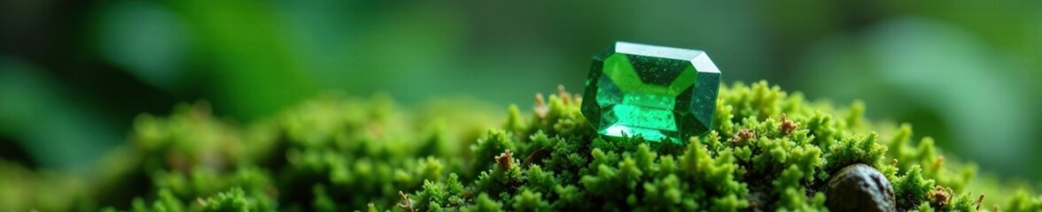 delicate emerald gemstone on mossy green surface, minerals, earthy tone, mineral