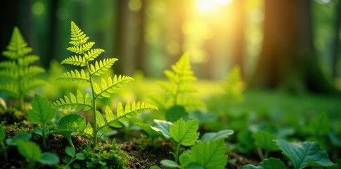 Delicate fern fronds unfurl in warm sunlight filtering through forest canopy, growth, , greenery