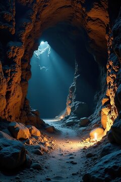 Dark and foreboding cave with ancient carvings, mysterious, cryptic