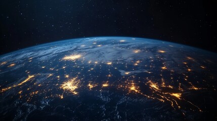 Obraz premium A stunning view of Earth from space, showcasing illuminated cities and a vibrant atmosphere against a dark background.