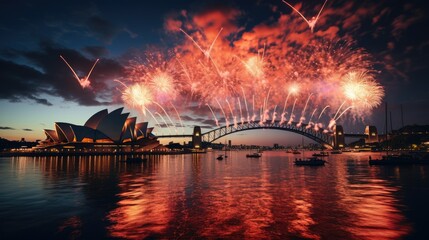 Sydney Harbor Bridge and Opera House with Fireworks Display