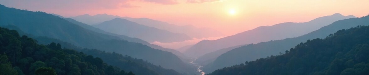 Obraz premium Foggy landscape with sunlit hills and valleys in the distance, fog, hillside, valley