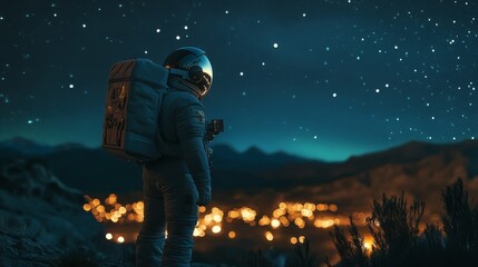 Naklejka premium An astronaut stands on a rocky terrain under a starry sky, gazing at distant lights, evoking a sense of exploration and wonder.