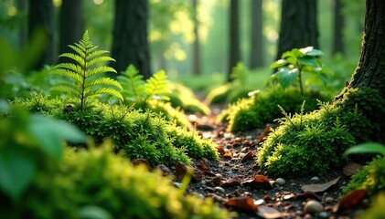 Forest floor carpeted with soft moss and ferns, ferns, leaves