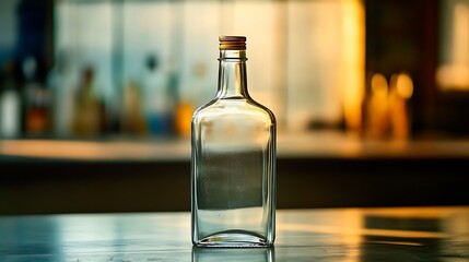 Single empty glass bottle displayed on a modern table