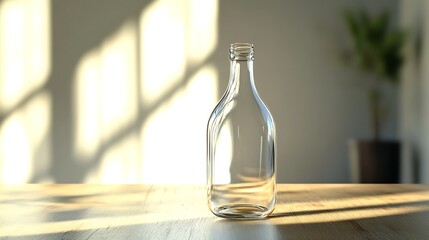 Single empty glass bottle displayed on a modern table