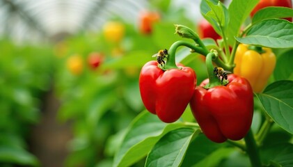 Hothouse bell pepper plant with multiple blooms and bees, flowers, blooming