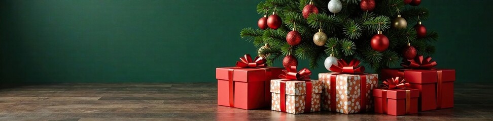 Presents stacked around the base of a tall evergreen tree with big red bows tied to its branches, foliage, evergreen, branches