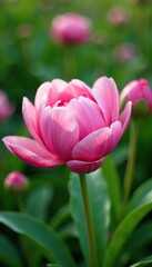 Fototapeta premium Pink peony buds blooming in a lush garden background, naturephotography, peonies, spring