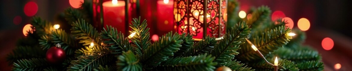 Red lanterns and fairy lights adorn a festive evergreen wreath, red, ornaments, holiday