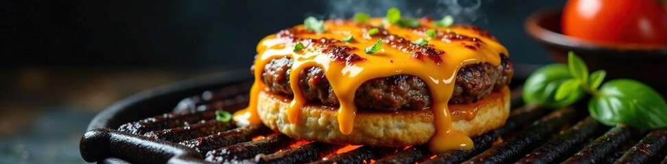 Sizzling beef burger on a grill with melted cheese dripping down, drips, meat, flavors