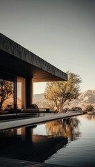 Fototapeta premium Modern minimalist house with infinity pool reflecting sunset.