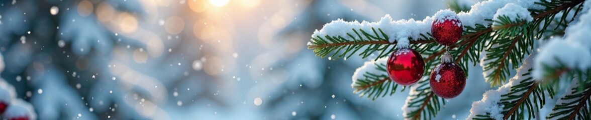 Snowy tree branches with red beads and pinecones, shine, tree, holly