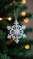 Fototapeta premium Sparkling snowflake ornament hanging from a Christmas tree branch, glitter, small