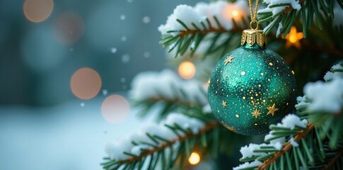 Sparkling teal and gold star-shaped decoration on a snowy evergreen branch, branch, star, gold