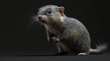 Close-Up View of a Small Gray Rodent with Whiskers and Alert Expression on Dark Background
