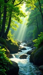 Sunlight filters through the lush green canopy of a forest above a flowing river, foliage, leafy, nature