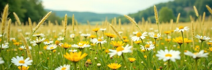 Fototapeta premium Tall grasses sway gently in the breeze amidst a sea of vibrant daisies, wildflower field, gentle breeze, natural landscapes