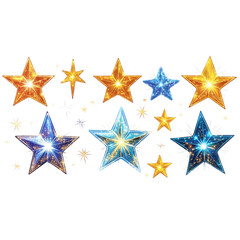 Obraz premium A vibrant assortment of shimmering stars in various colors, including gold and blue, each emitting a sparkling glow against a white background.