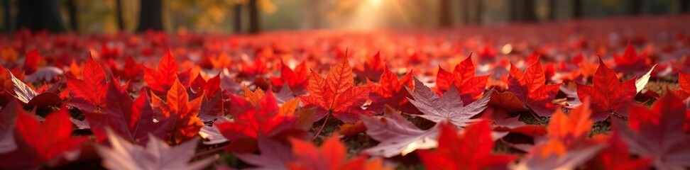A blanket of red autumn leaves covers the ground, earthy tones, leaf colors