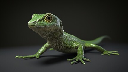 Obraz premium Detailed Close-Up of a Vibrant Green Anole Lizard Showcasing Unique Features and Textures in Natural Lighting