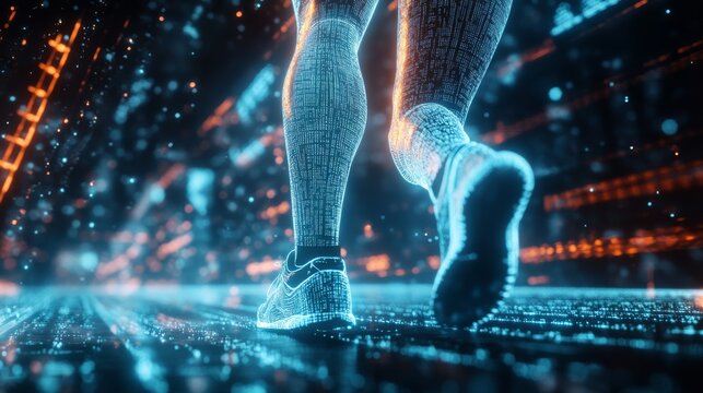 A digital representation of a runner in motion, highlighting neon-like effects and a futuristic urban background. Sport technology concept. - Powered by Adobe