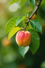 Obraz premium A single apricot fruit hanging from the branch of an apricot tree, garden feature, apricot tree