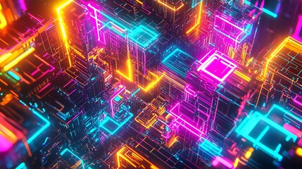 Obraz premium Abstract neon city, glowing vibrant structures, digital art, futuristic landscape.