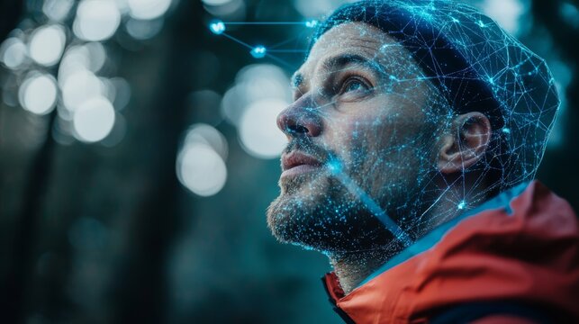 A man in a forest gazes upward, surrounded by a digital network overlay, symbolizing technology and connection with nature. Sport technology concept. - Powered by Adobe
