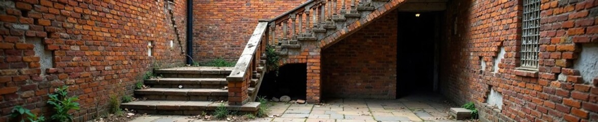 Crumbling brick staircase with broken railings, crumbling stones, vacant spaces