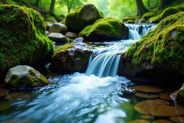 crystal clear water flows over moss covered rocks, outdoorsy, environment, peaceful