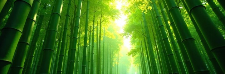 Fototapeta premium Dense bamboo grove with sunlight filtering through, light, bamboo