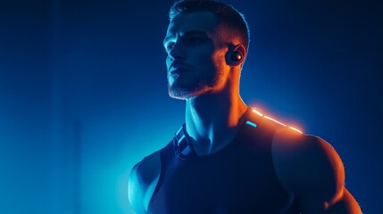 A muscular man with headphones stands confidently against a vibrant blue and orange backdrop, exuding strength and focus. Sport technology concept.